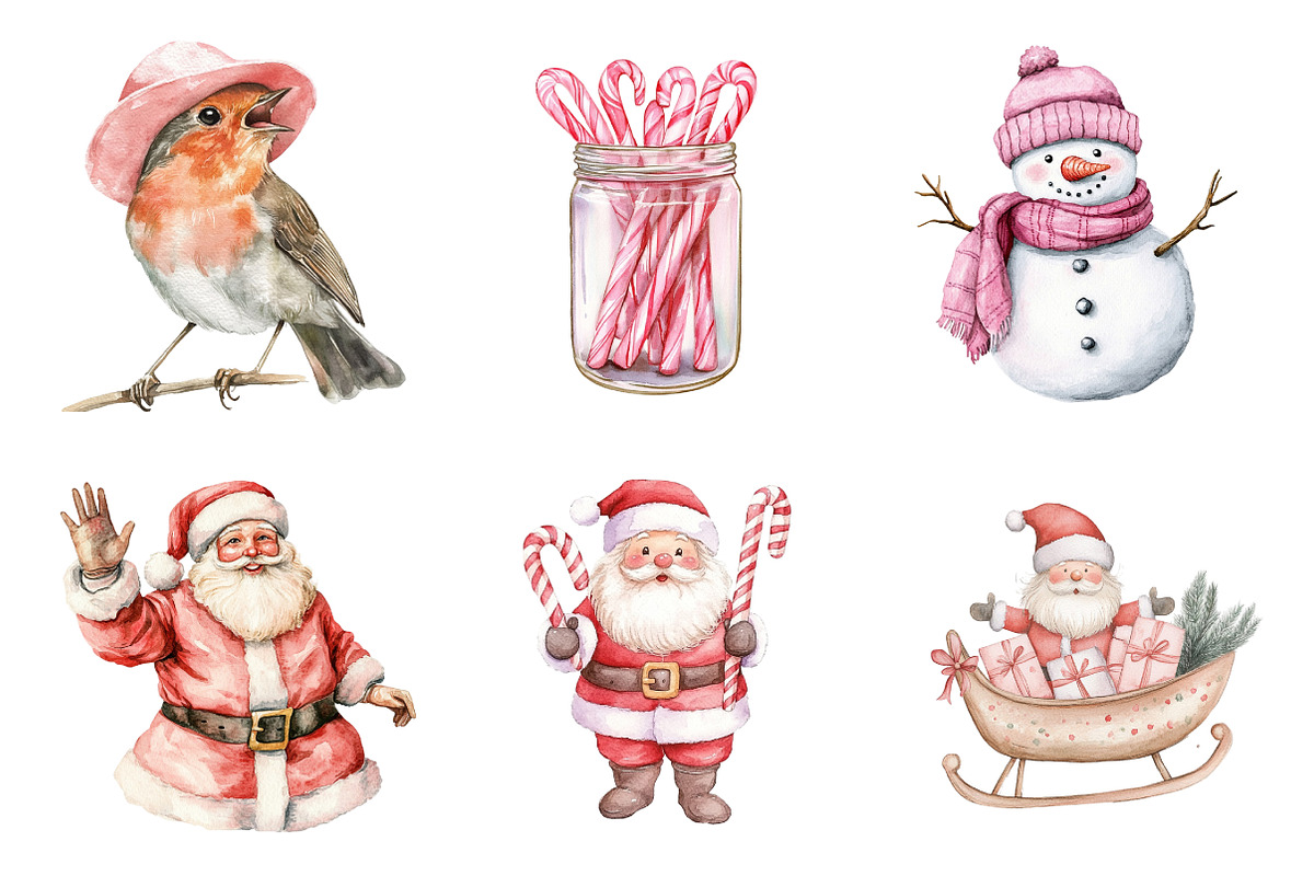 Watercolor Pink Christmas Clipart, an Illustration by SinaCreation (Photo 3 of 7)