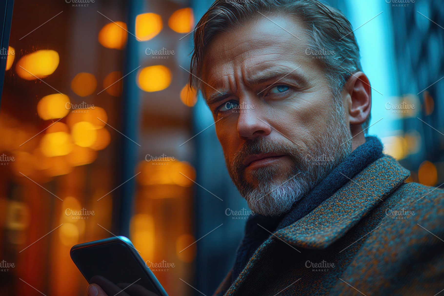 Man with blue eyes checking smartpho, a Photo by Tanuart