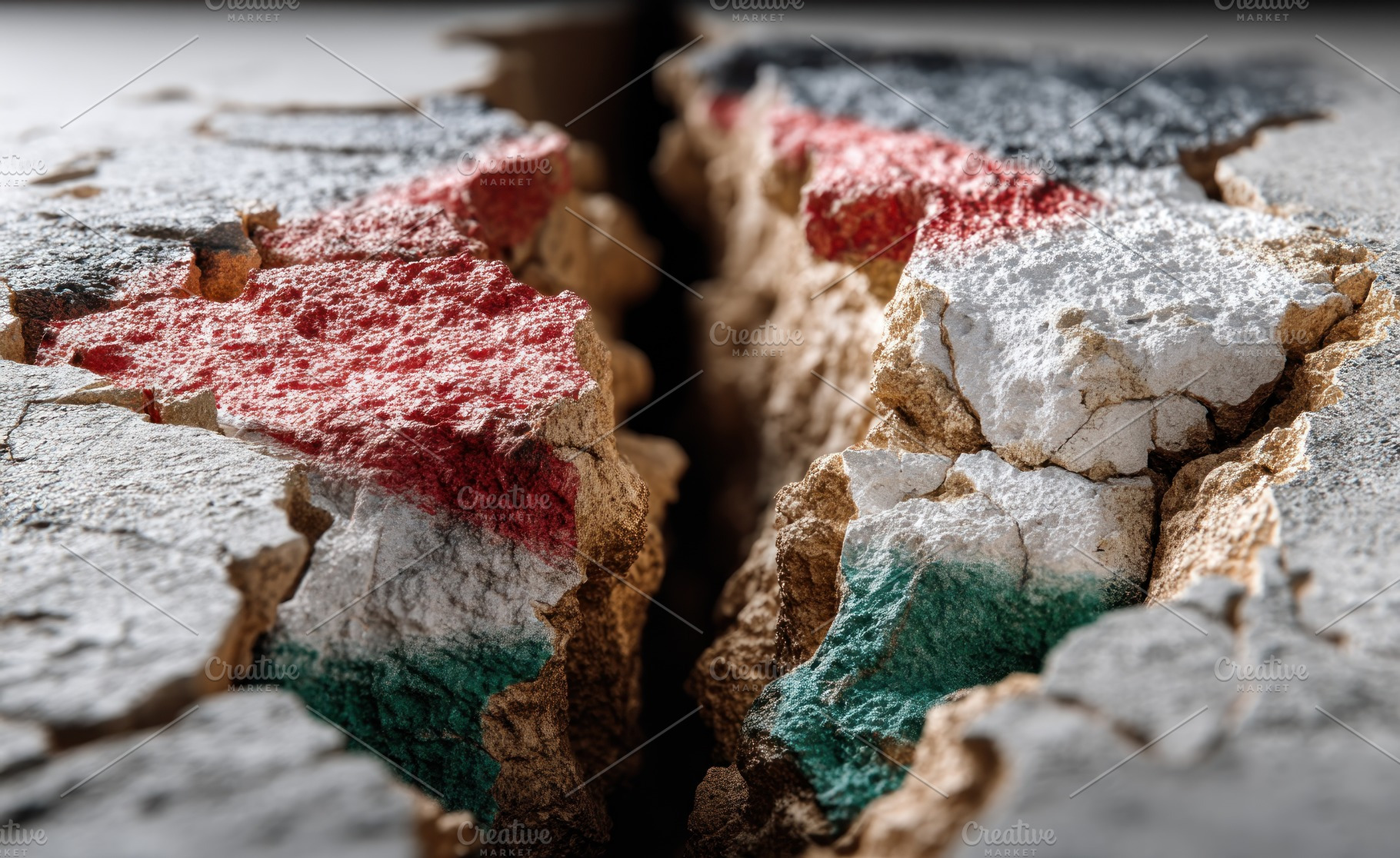 Cracked earth symbolizing geopolitical conflict with Palestinian flag colors sp, a Background Photo by José Manuel Gelpi