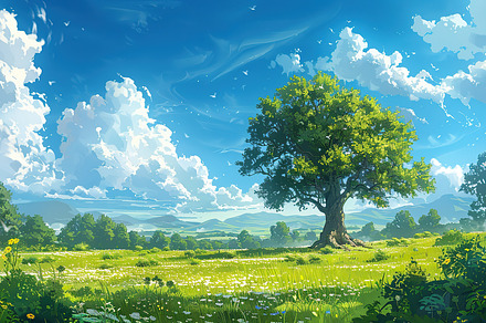 Lush green field under blue skies wi, a Photo by LOGOCREATIVE
