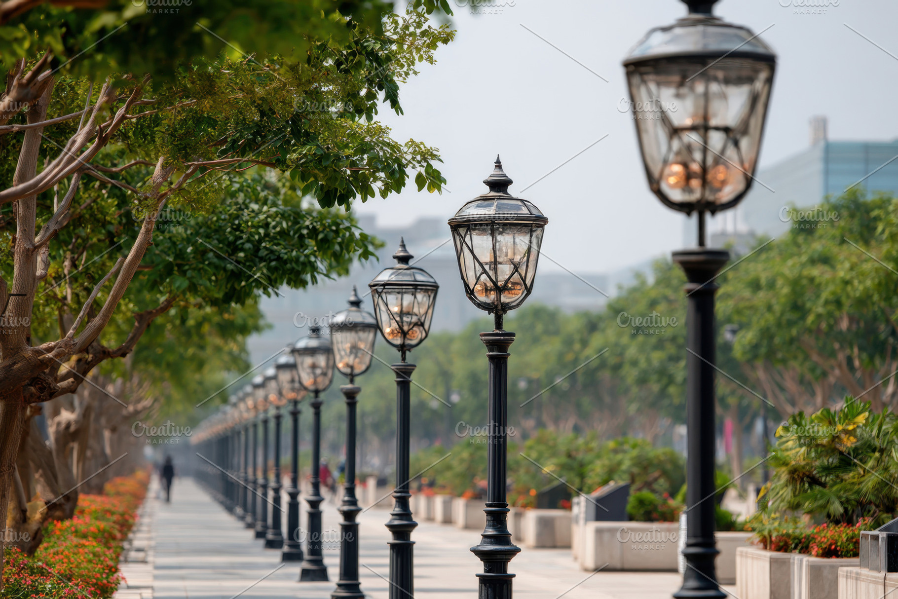 Scenic walkway with vintage street lamps and greenery, a Wallpaper Photo by AlyaAnd