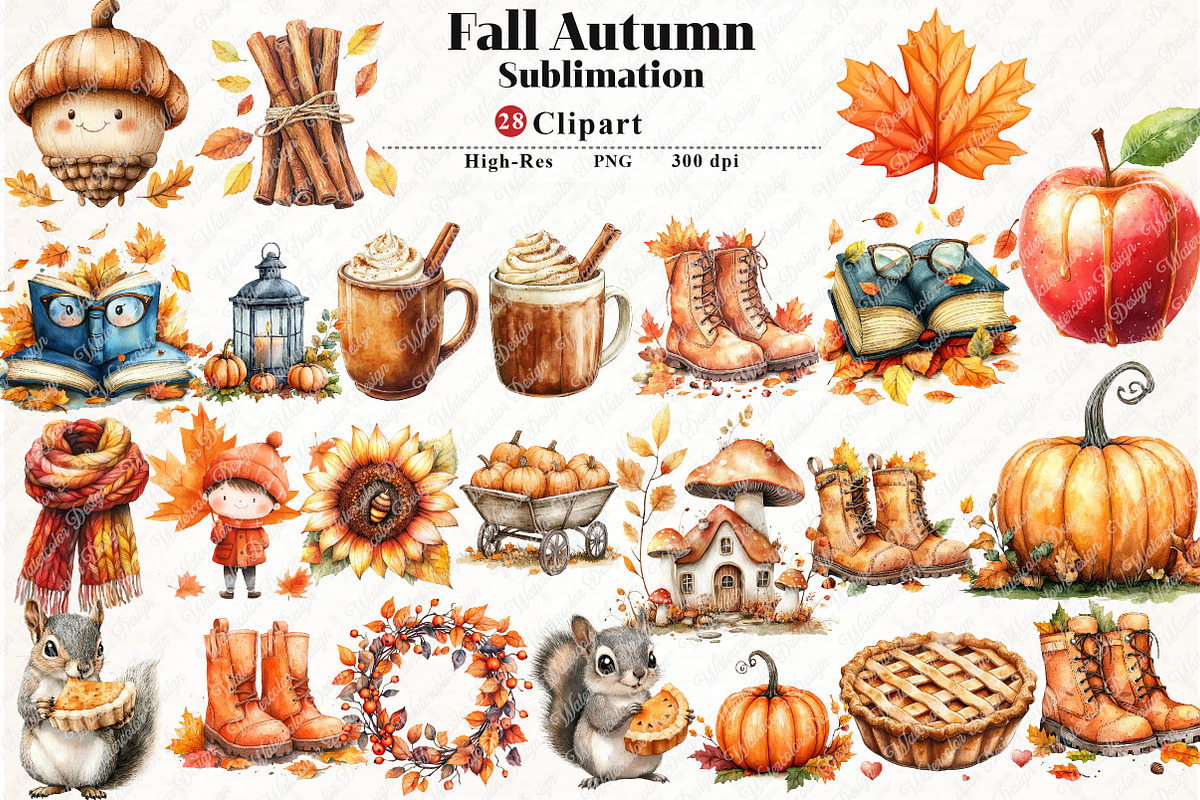 Fall Autumn Sublimation Clipart, an Illustration by Watercolor design
