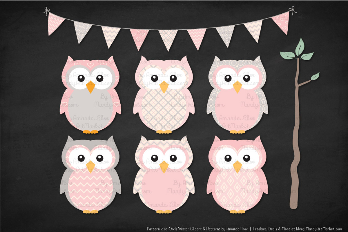 Owls Clipart & Patterns in Soft Pink, an Animal Illustration by Amanda Ilkov (Photo 3 of 4)