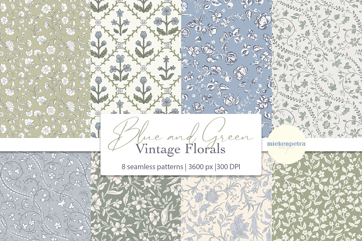 Blue and Green Vintage Florals, a Pattern Graphic by Mieken Petra Designs (Photo 1 of 5)