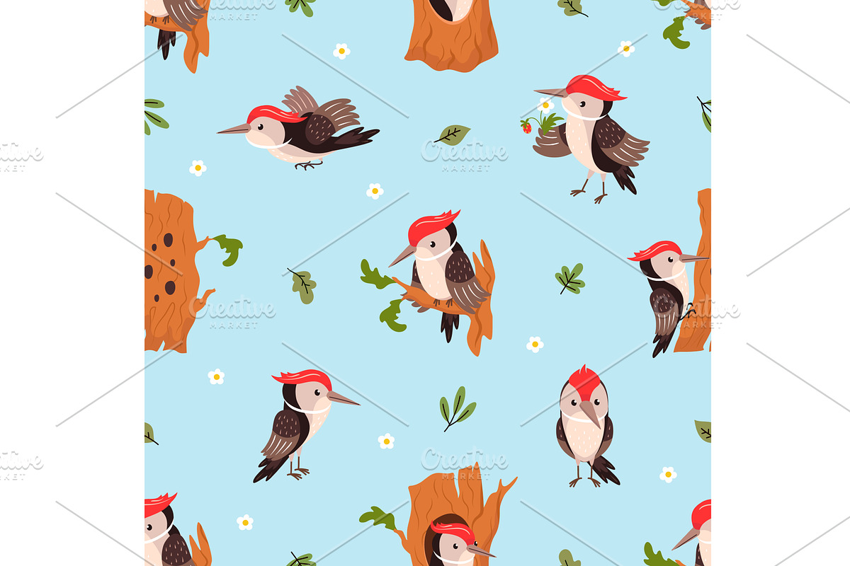 Woodpecker seamless pattern, an Animal Illustration by Valerie Bodnar