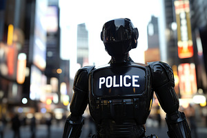 AI robot policeman with inscription POLICE patrolling the city s, a Photo by AlyaAnd