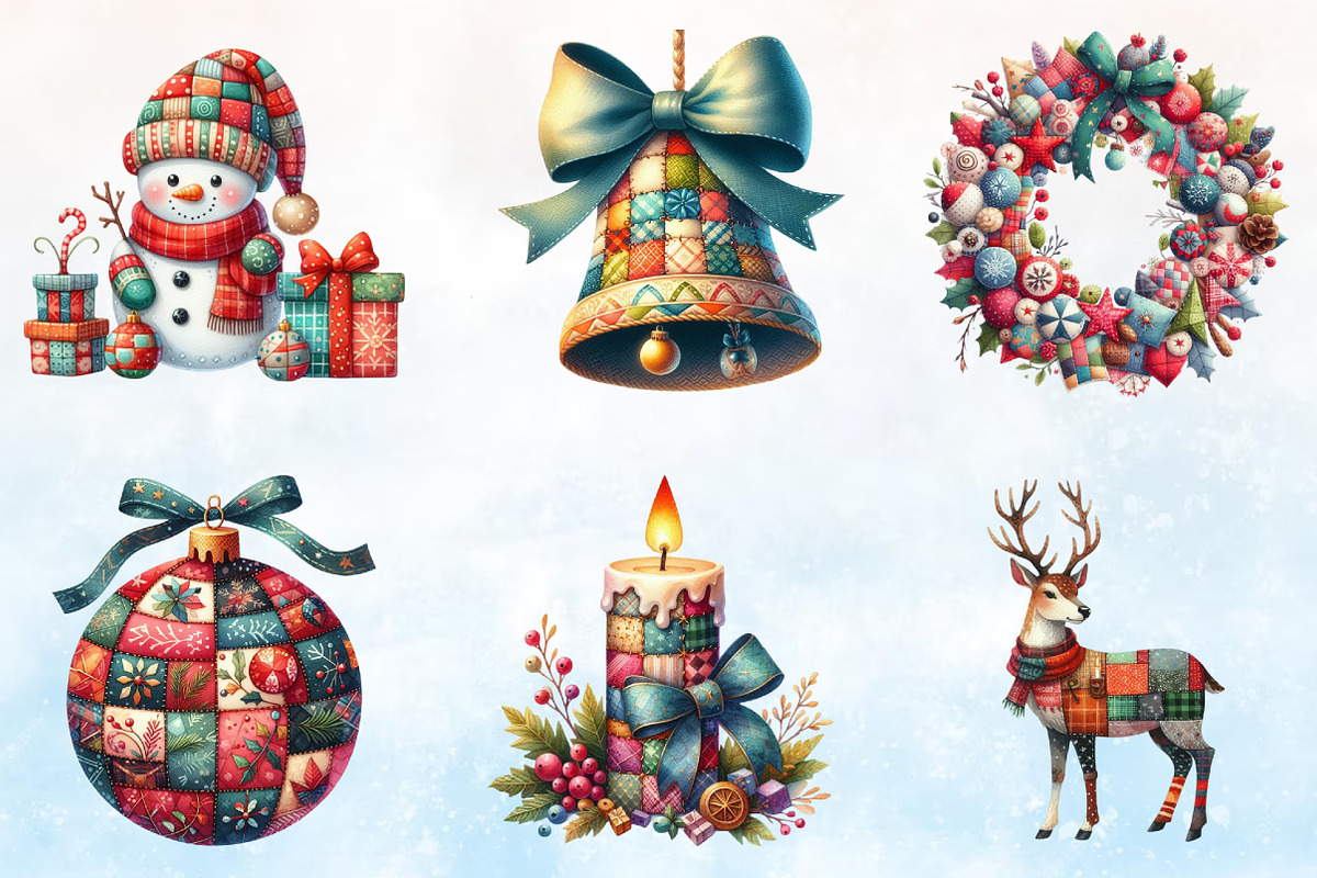 Watercolor Patchwork Christmas Clipa, a Seasonal Illustration by Rose Art (Photo 3 of 3)