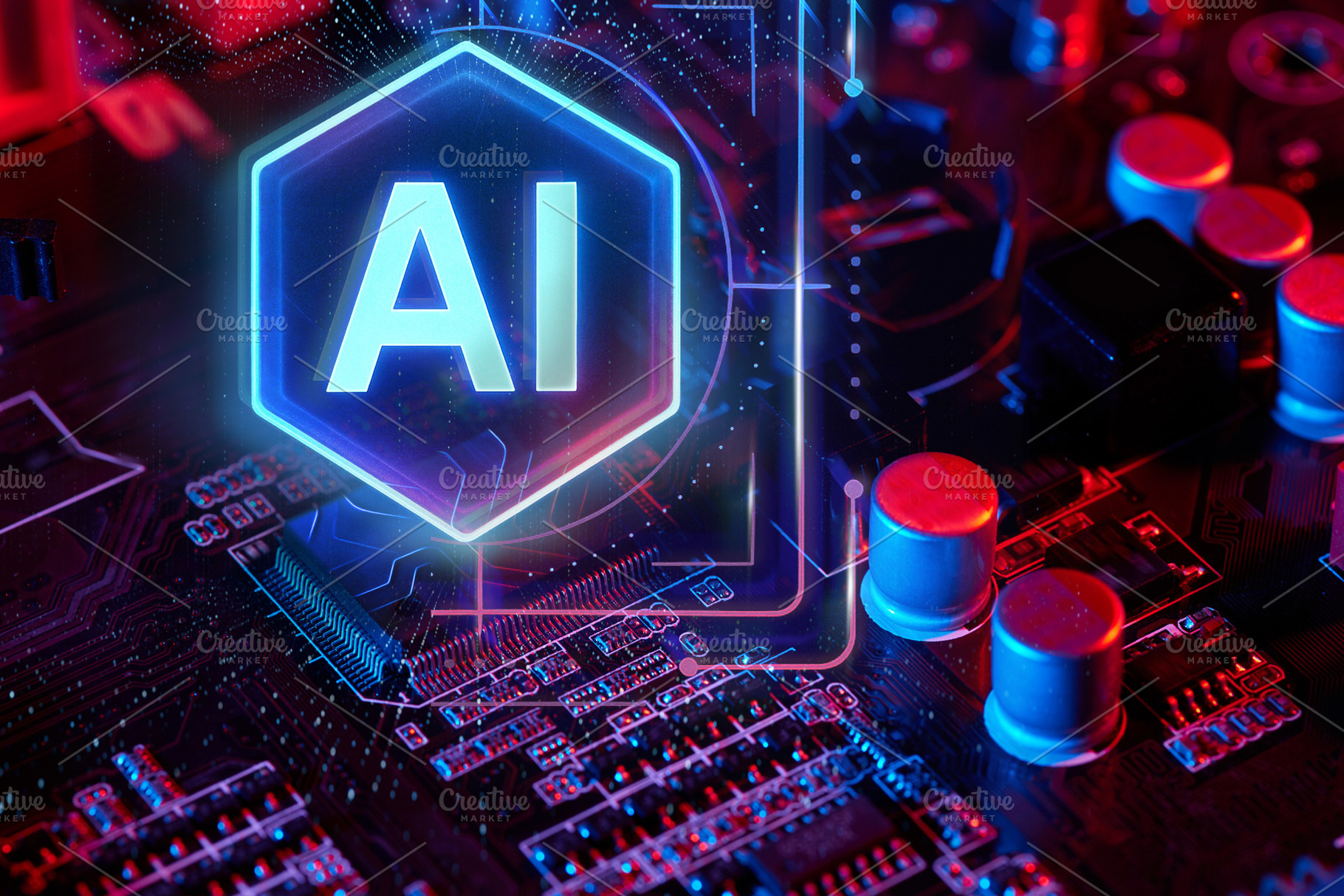 AI Circuit Board with Glowing Hexagon, a Technology Photo by Alliance Images