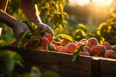 A person harvesting peaches in a sunlit orchard, placing ripe peaches into a wo, a Food & Drink Photo by Textures & Backgrounds