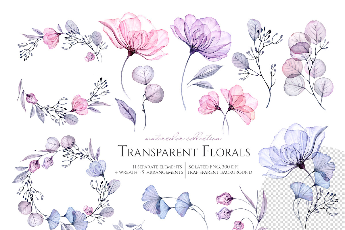 Watercolor Transparent Florals set, a Background Graphic by Akvarelldesign (Photo 2 of 3)