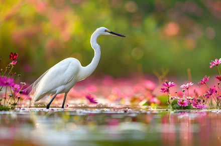 Graceful White Egret Amidst Autumn Blooms - A Serene Lakeside Mo, an Animal Photo by José Manuel Gelpi