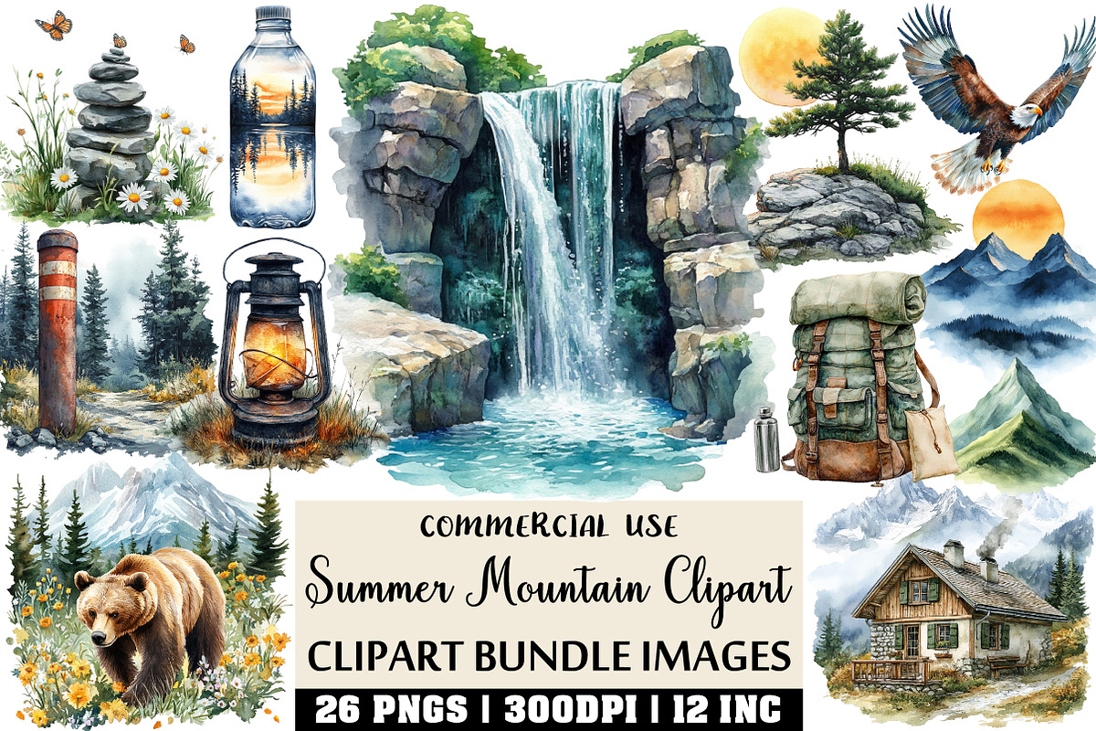 Watercolor Summer Mountain Clipart, an Illustration by Craft Nest (Photo 1 of 6)