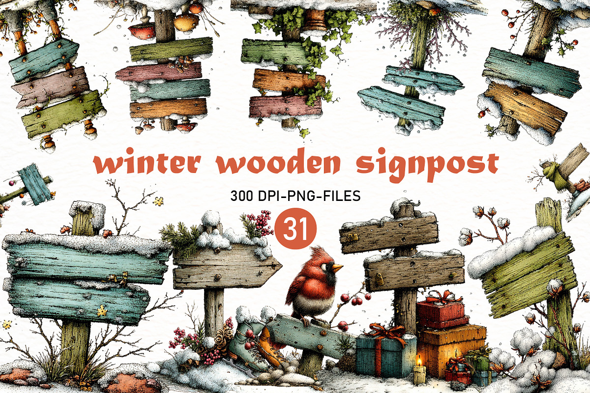Whimsical Wooden Signpost Clipart, a Seasonal Illustration by Designworld (Photo 1 of 11)