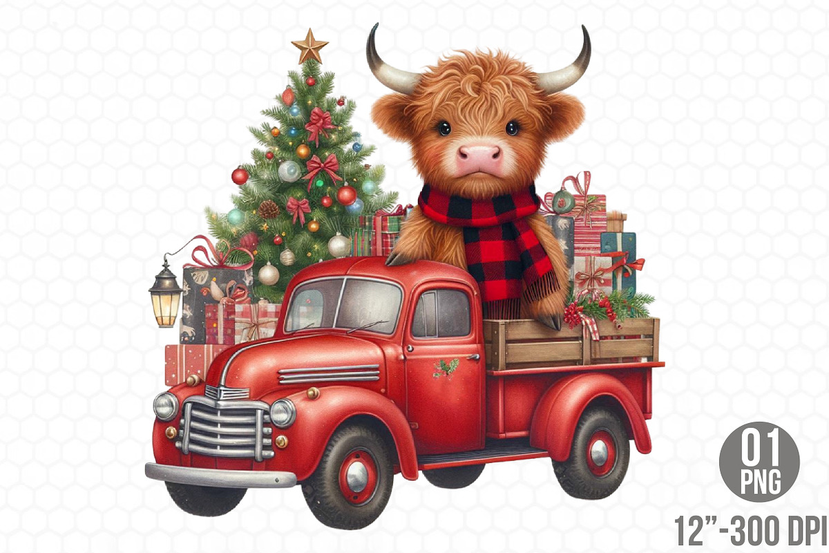 Christmas Highland Cow PNG, an Illustration by Designking (Photo 1 of 4)