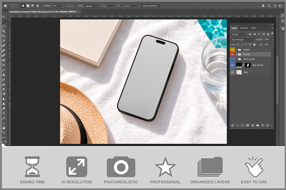 Smartphone Summer Flatlay PSD, an iPhone Mockup by Bruno's Shop (Photo 2 of 3)