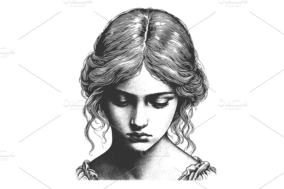 Melancholic woman engraving vector, a Person Illustration by AlexArt