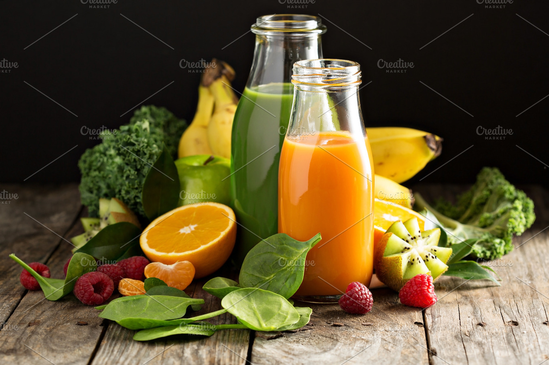 Variety of fresh vegetable and fruit juices stock photo containing variety, a Food & Drink Photo by farwasser