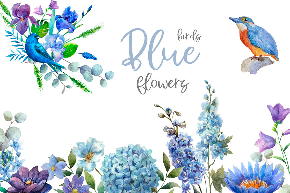 Watercolor blue flowers and birds., an Illustration by yulia.sukhanova (Photo 1 of 4)