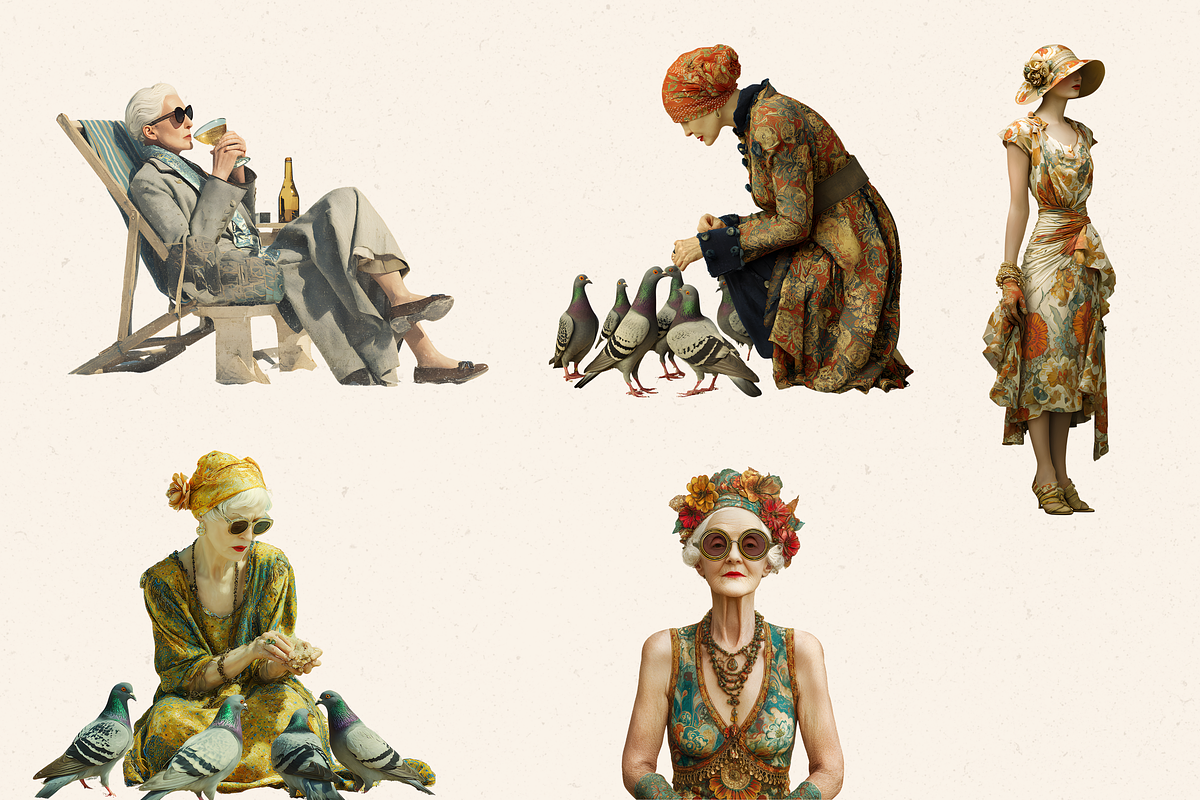 VINTAGE OLD LADY BEACH CLIPART PACK, a Person Illustration by Daring Digies (Photo 8 of 10)