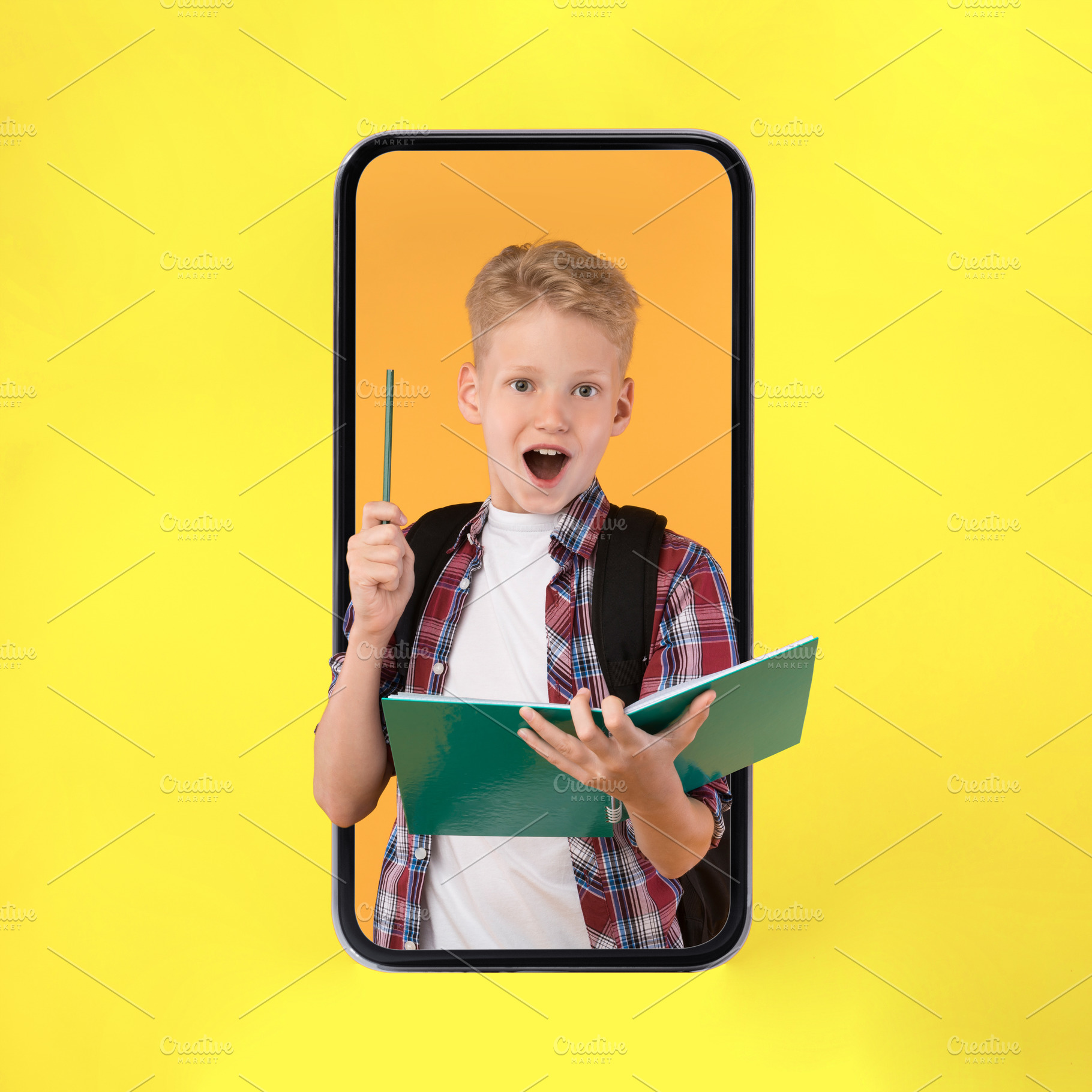 Excited Schoolboy In Smartphone Screen Having Idea, Yellow Background, a Photo by Prostock-Studio
