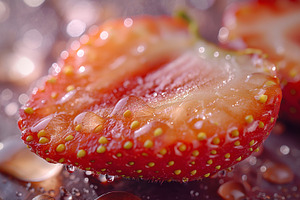 Close-up of a juicy red strawberry slice glistening with water droplets, showca, a Background Photo by ImageMir