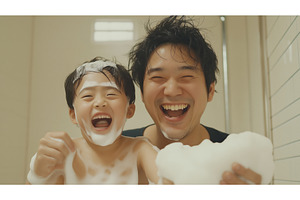 Asian father and son laughing, an Architecture Photo by Sergey Kotenev
