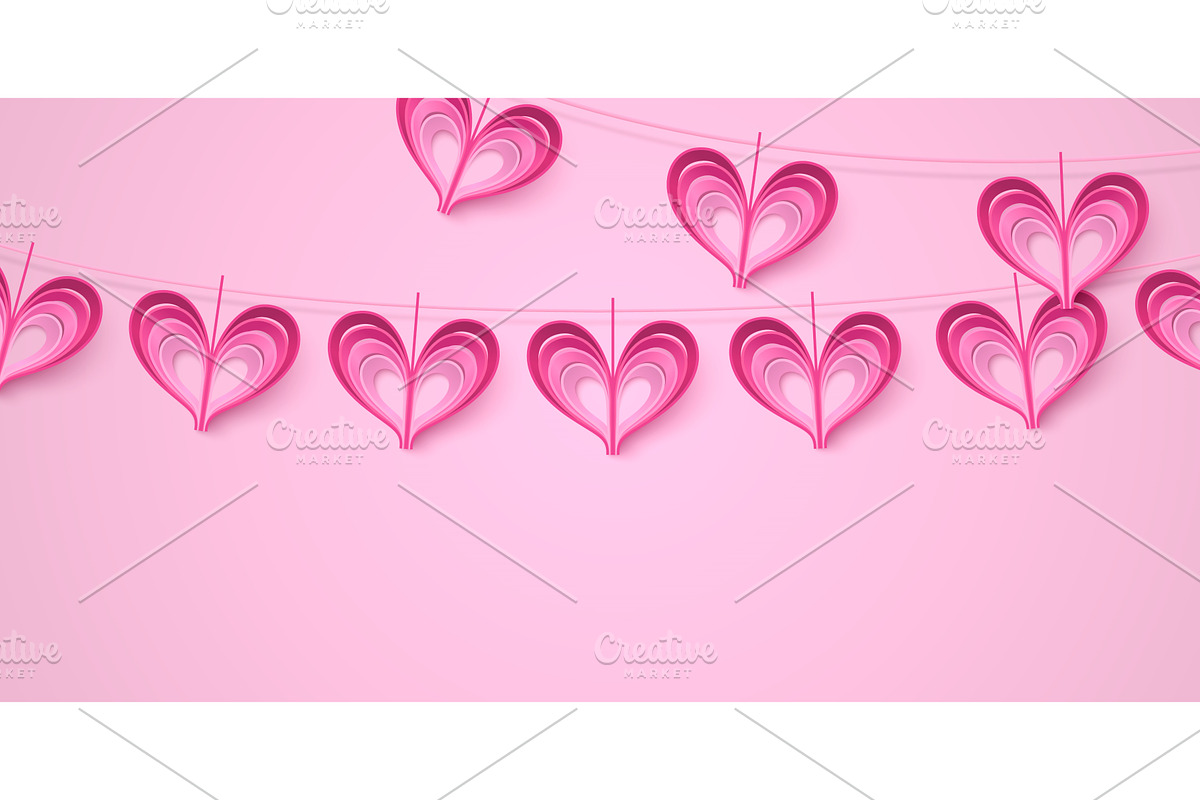 Pink paper heart garland hanging on, an Illustration by art PVP - market