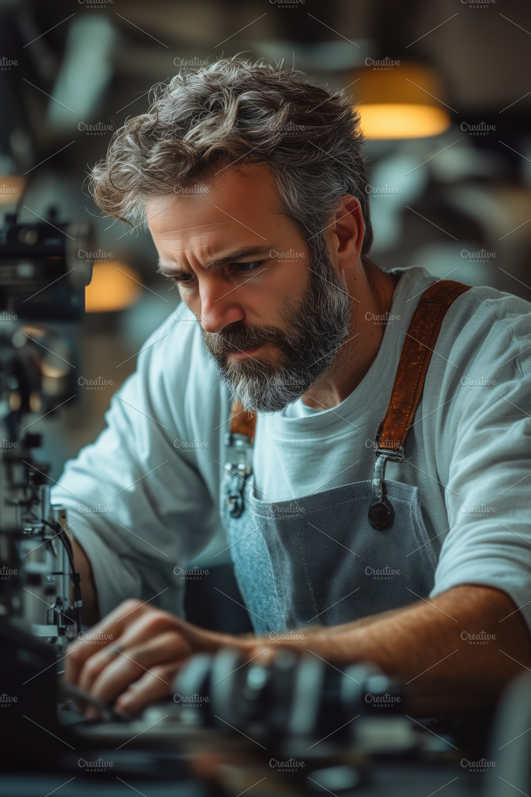 A focused craftsman garment technologist working on a sewing machine in a works, a Person Photo by Textures & Backgrounds