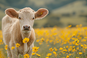 A curious calf stands amidst a vibrant field of yellow flowers, exuding innocen, an Animal Photo by ImageMir
