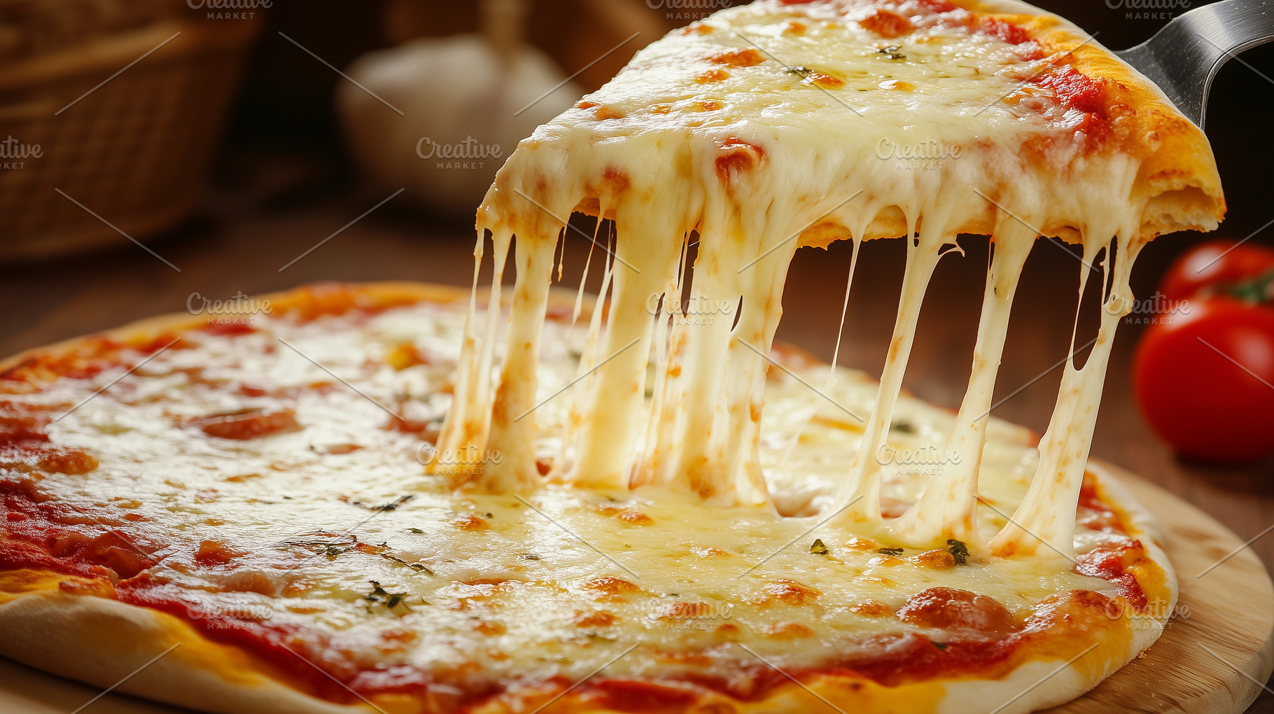 Cheesy pizza slice being lifted with, a Food & Drink Photo by MistyDay