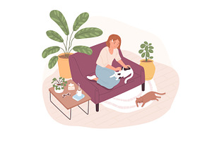 Woman relax at home with pets, a Person Illustration by Good Studio