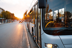 A city bus waits at a stop as the sun sets, illuminating the street and creatin, a Business Photo by ImageMir