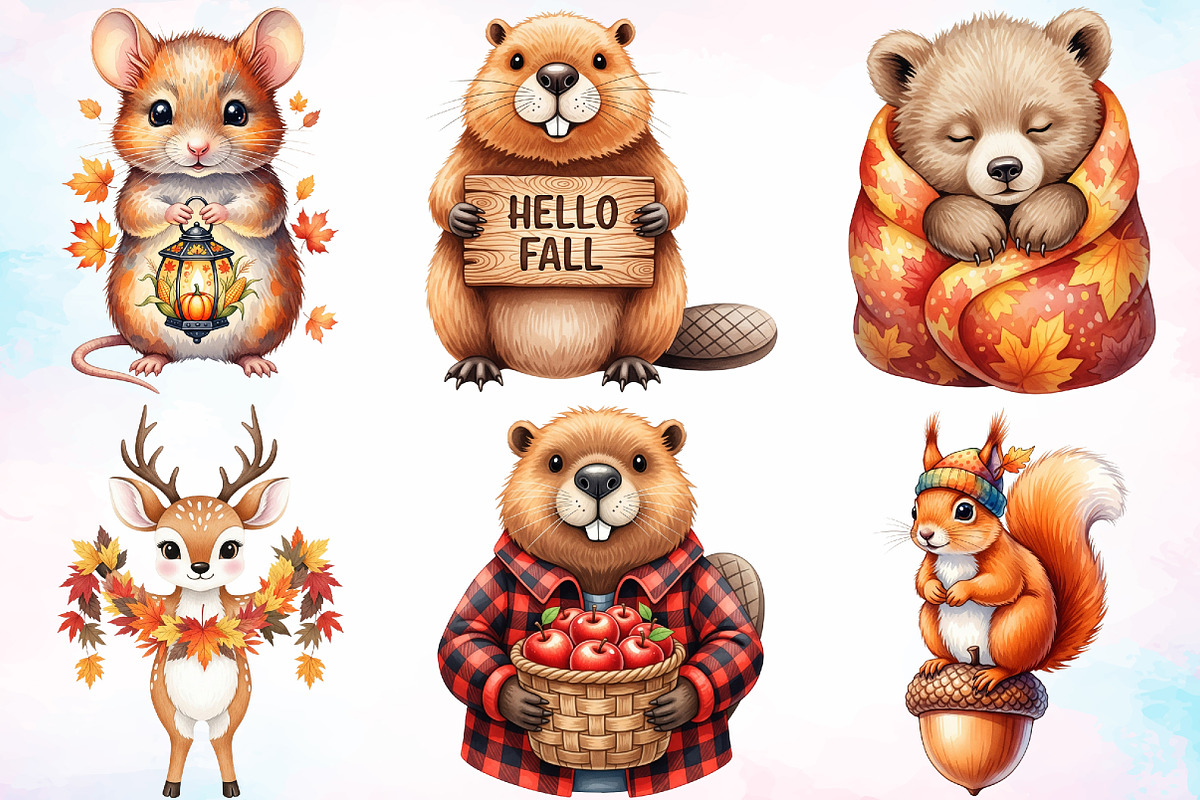 Watercolor Autumn Animals Clipart, a Seasonal Illustration by Canvas Craft (Photo 2 of 9)