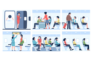 Inside airplane. Passengers travel, a Transportation Illustration by LadadikArt