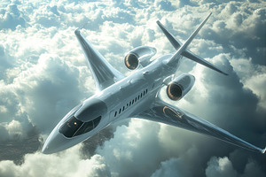 Private jet soaring above fluffy whi, a Photo by Tanuart