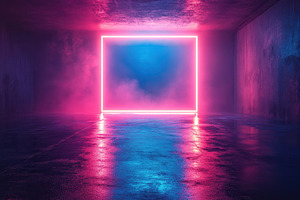 Neon light frame in an empty room wi, a Photo by Tanuart