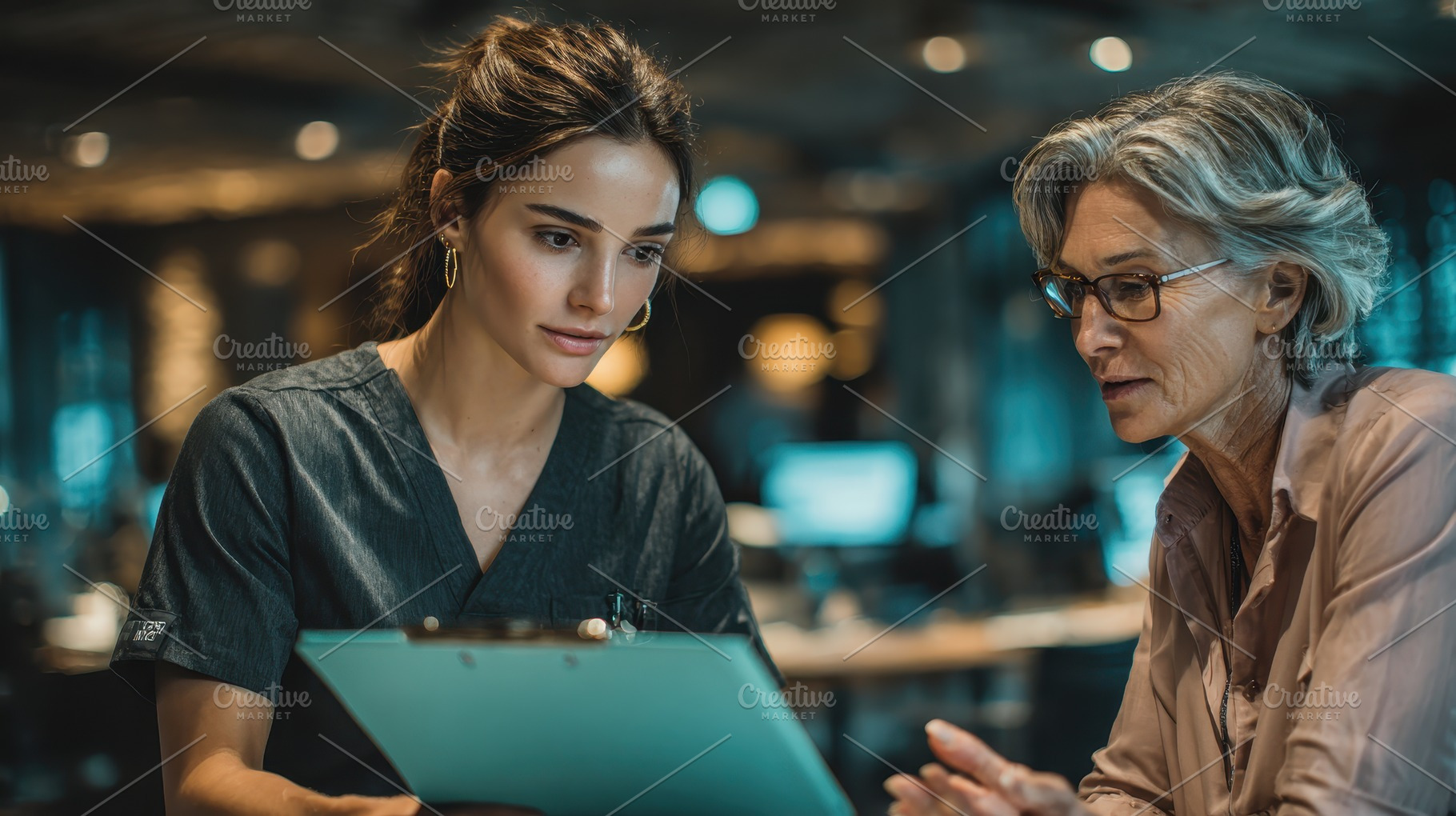 Young doctor and senior patient revi, a Photo by Pixeness Studio