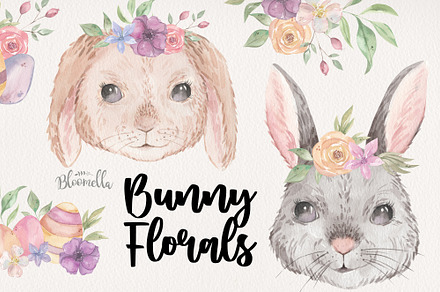 Bunny Florals Watercolor Clipart