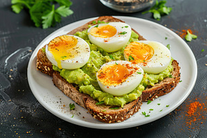 Toast rye bread with avocado puree and hard boiled eggs on grey background, a Food & Drink Photo by AlyaAnd