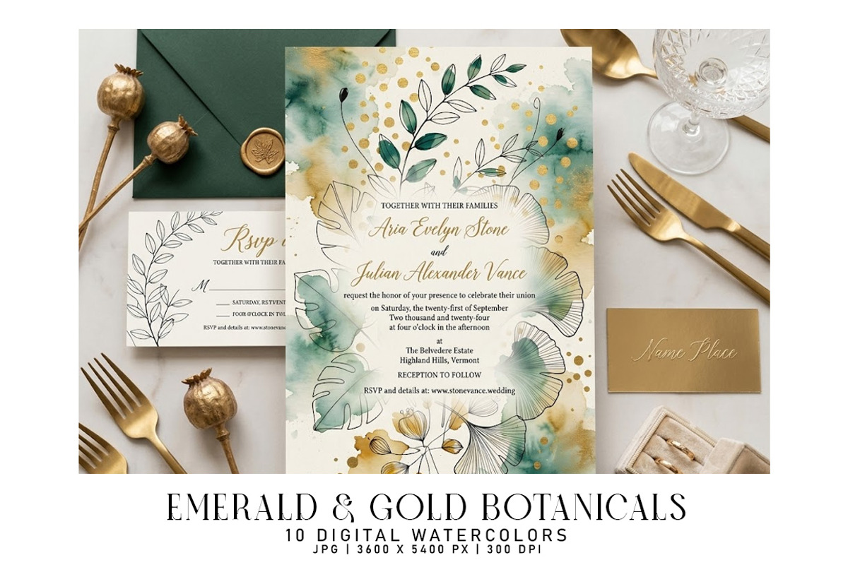 Emerald and Gold Botanicals, a Decorative Illustration by Digital Art Creations (Photo 3 of 5)