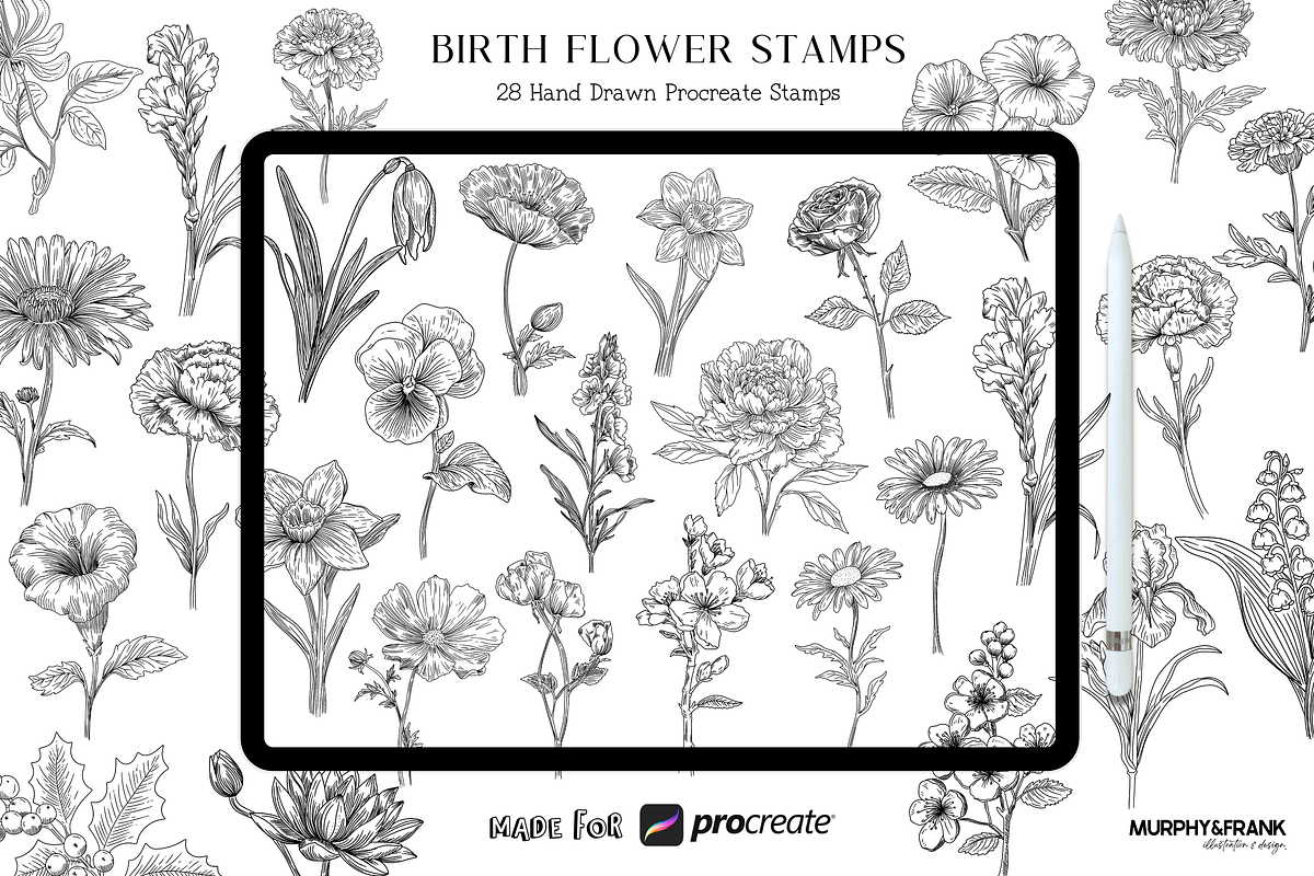 Birth Flower Procreate Brush Stamps, a Brush Add-On by Murphy & Frank (Photo 1 of 4)