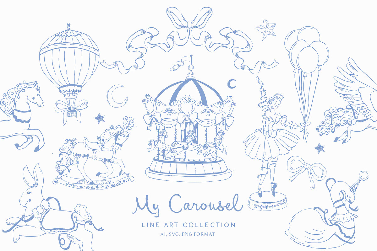 My carousel vintage Blue Line art, a Decorative Illustration by Grace Noboa Illustrations (Photo 1 of 6)