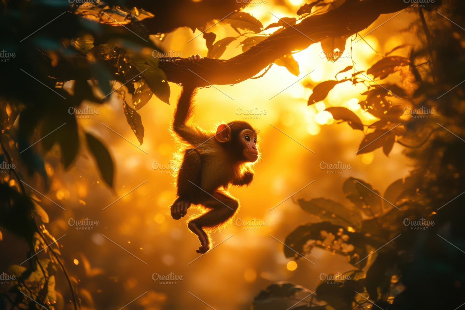 Golden Hour Monkey Silhouette Jungle, an Animal Photo by Pixeness Studio