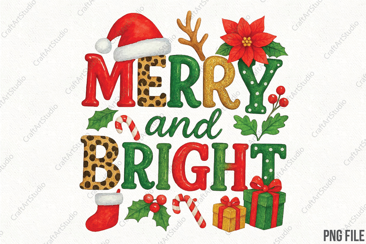 Merry and Bright Christmas PNG, an Illustration by CraftArtStudio (Photo 1 of 4)