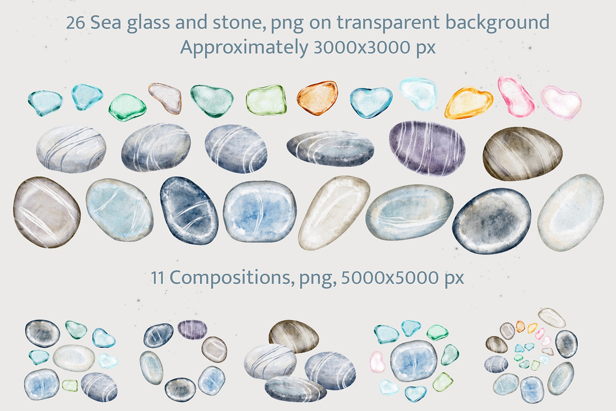 Watercolor pebbles and sea glass, an Object Illustration by Shabbypie (Photo 2 of 3)