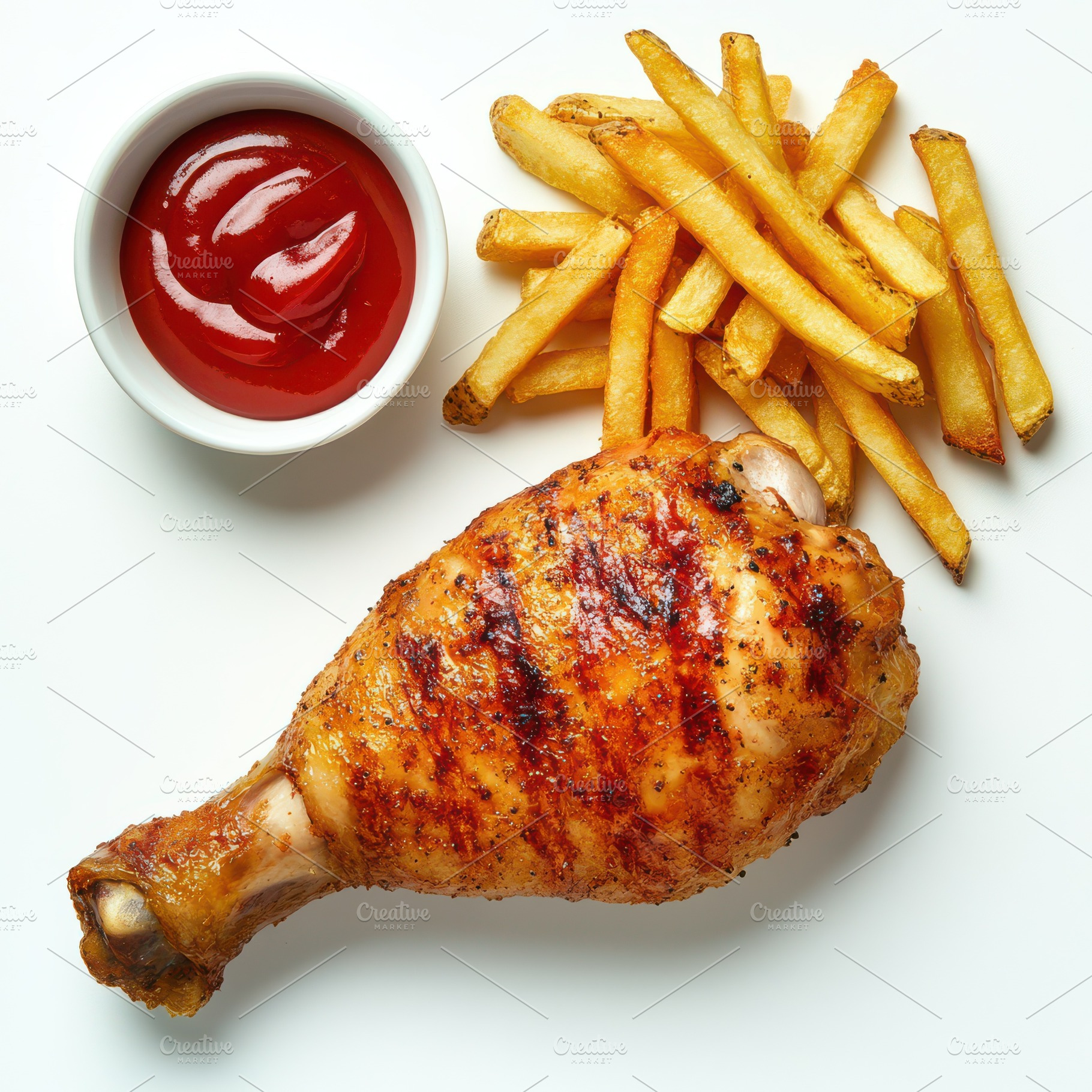 Chicken leg and fried fries with ket, a Food & Drink Photo by Pixeness Studio