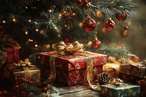 Brightly wrapped holiday gifts and o, a Photo by Tanuart