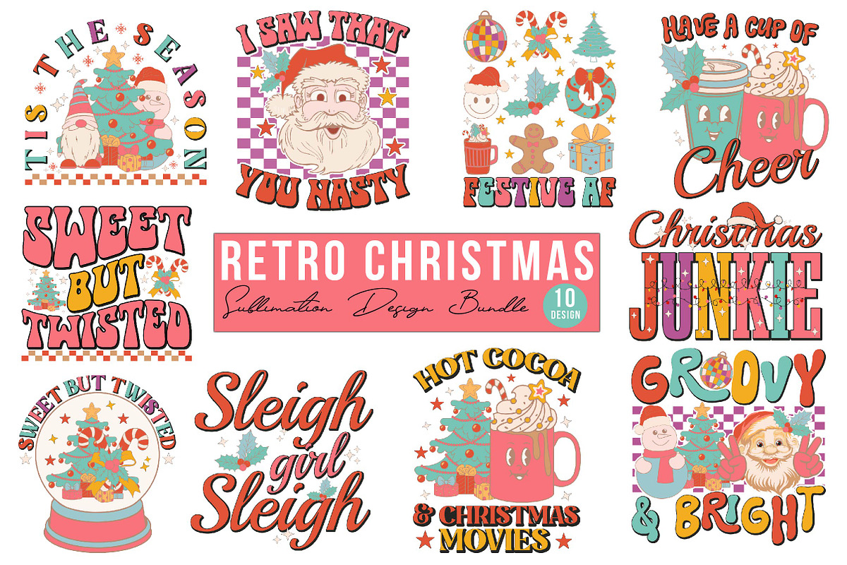 Retro Christmas Sublimation Bundle, a Seasonal Illustration by Craft Nest (Photo 1 of 11)