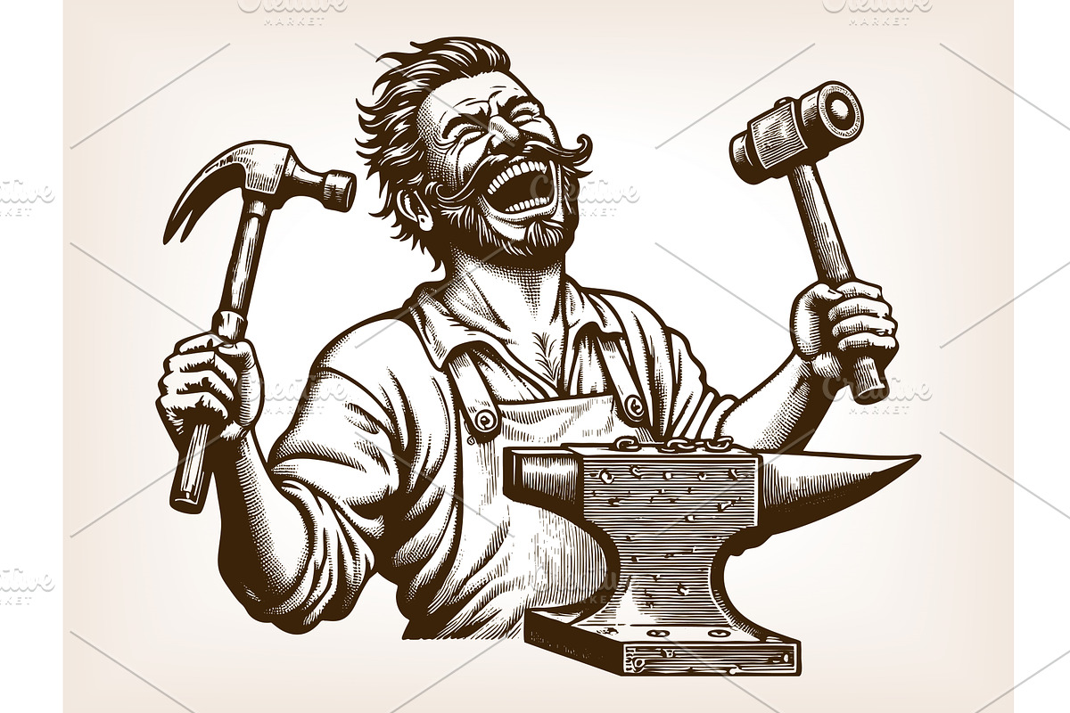 Cheerful blacksmith laughing with, an Illustration by AlexArt