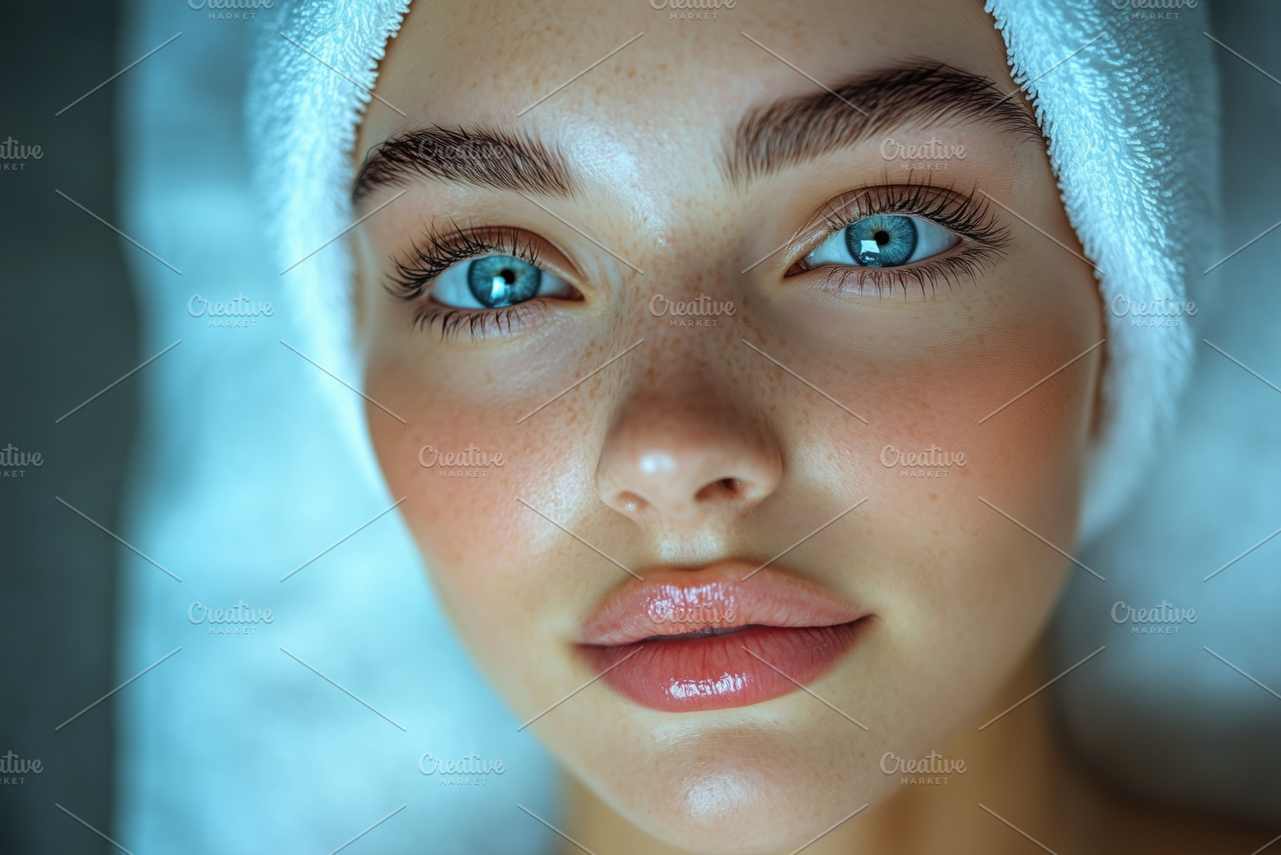 A close-up portrait of a young woman esthetic technologist with clear skin, blu, a Person Photo by Textures & Backgrounds